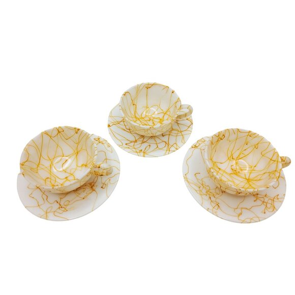 Vintage Hazel Atlas Spagetti Splatter Marbled Milk Glass Tea Cup & Saucer Set Of - Picture 8 of 11